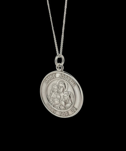 Sterling Silver Saint Joseph Pray for Us with Mary Baby Jesus Lily Blossoms Round Medal Pendant Christian Jewelry Catholic Jewellery