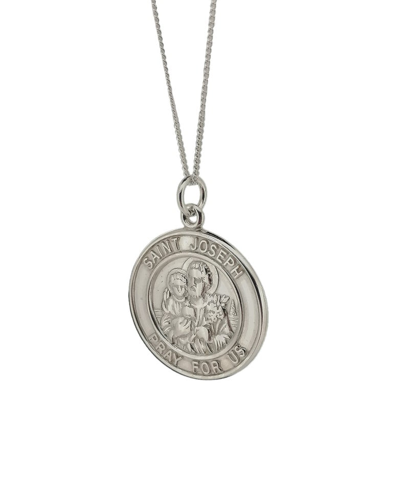 Sterling Silver Saint Joseph Pray for Us with Mary Baby Jesus Lily Blossoms Round Medal Pendant Christian Jewelry Catholic Jewellery