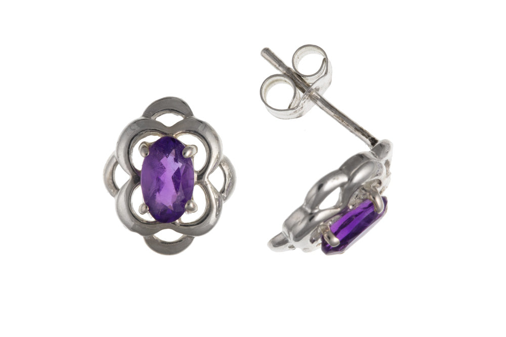 Ladies Sterling Silver Natural Amethyst Celtic Stud Earrings February Birthstone