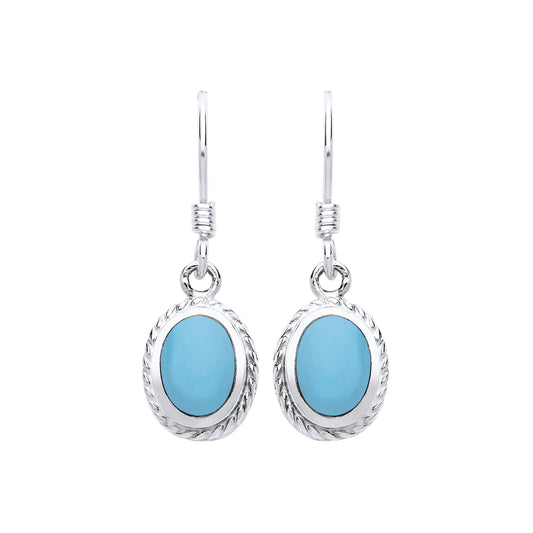 Women's Sterling Silver Real Natural Oval Turquoise Dropper Earrings December Birthstone