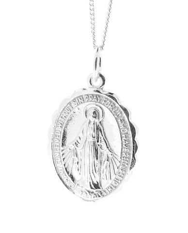 Sterling Silver Miraculous Mary Medal Pendant Necklace