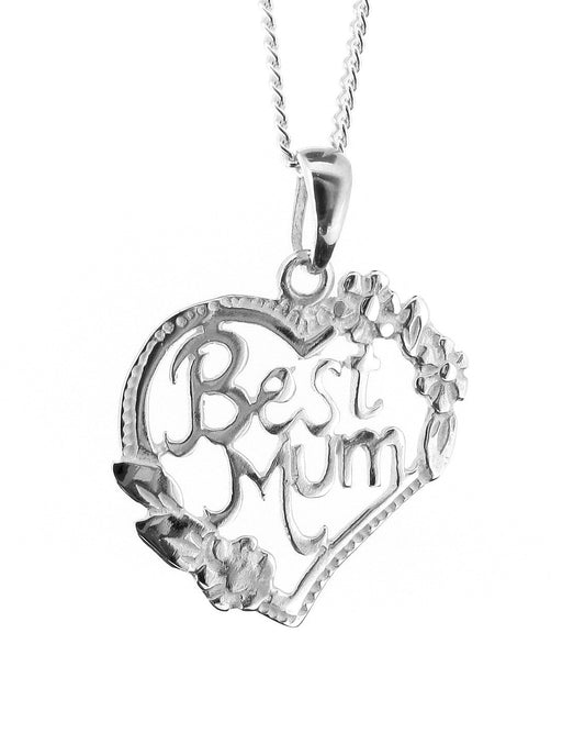 Solid Sterling Silver Best Mum Heart Shape Pendant Necklace