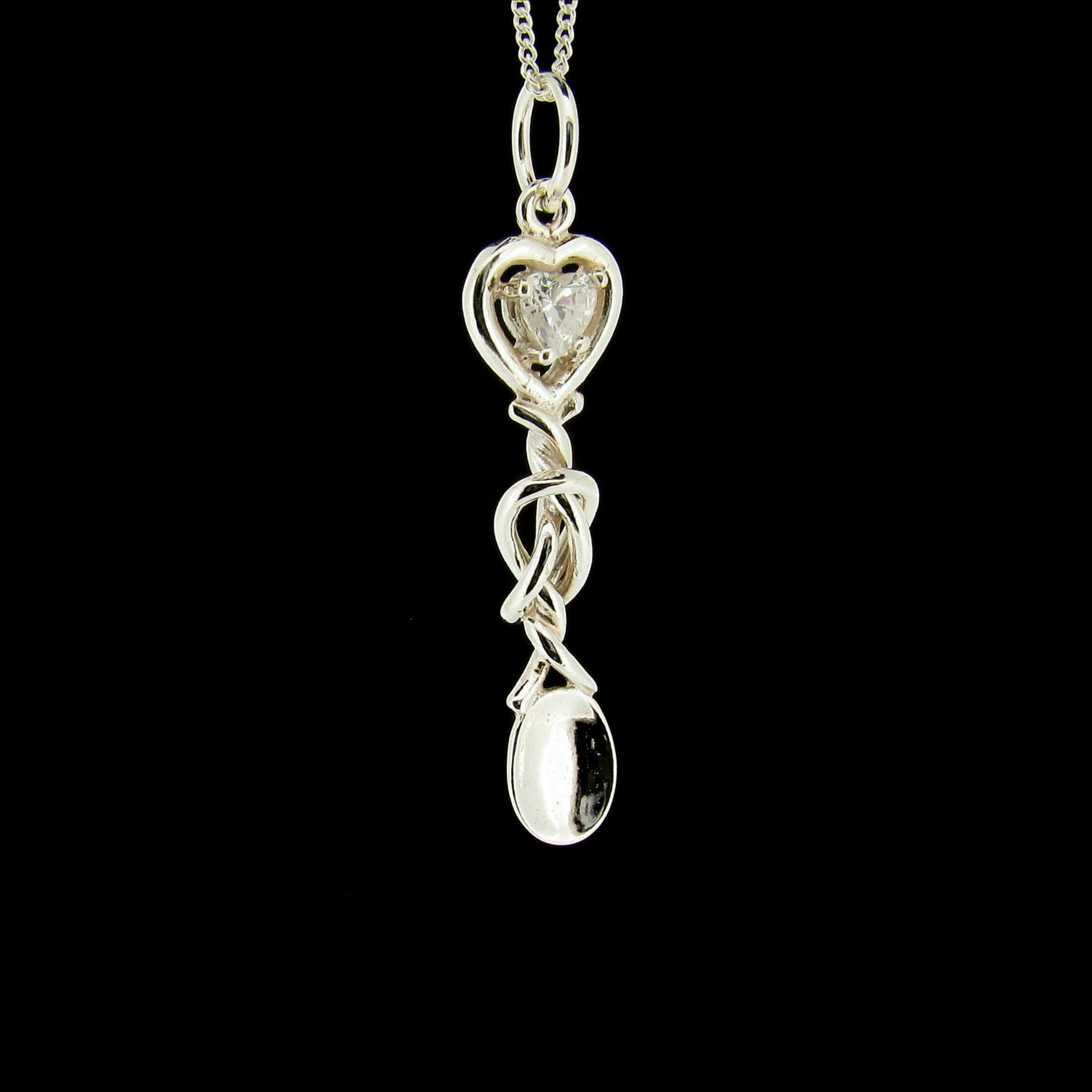 Ladies Sterling Silver Welsh Love Spoon Diamond Simulant Heart Pendant Necklace Welsh Jewellery
